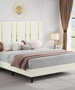 YITAHOME Queen Velvet Bed Frame with Headboard Easy Assembly Beige