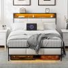 Twin Bed Frame with Bookcase Headboard and Charging Station Lights 4