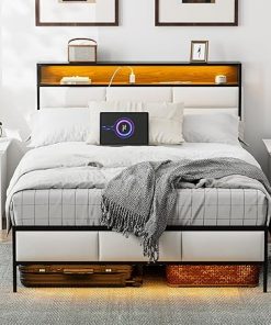 BELLEZE White Full Size Bed Frame with Storage Headboard and LED Light