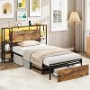 Maupvit Twin Bed Frame with Storage Shelves and LED Lights in Brown