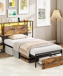 Maupvit Twin Bed Frame with Storage Shelves and LED Lights in Brown