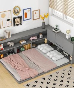 Minimalist Full Floor Bed with L-Shaped Bookcases and Pine Frame