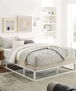 Capri Queen White Metal Bed Frame with Beige Upholstered Foundation 2