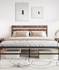 Vintage Queen Bed Frame with Wood Headboard and Metal Slats Support