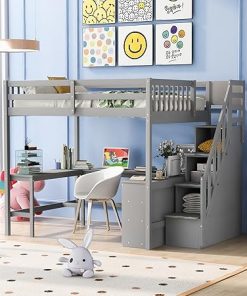 Full Size Loft Bed with Storage Stairs and Desk for Kids and Teens