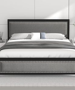 VECELO Full Bed Frame with Upholstered Headboard and Heavy-Duty Slats