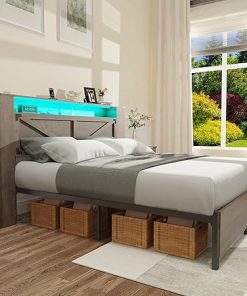 Grey Full Bed Frame with Storage Headboard and LED Lights