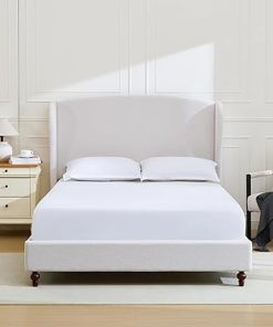 King Size Upholstered Bed with Wingback Headboard Easy Assembly Ivory