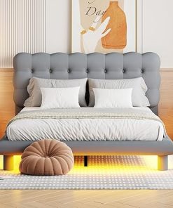 Velvet Platform Bed with Button Tufted Headboard for Teens, Queen Size