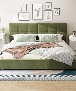 King Size Velvet Bed Frame with Curved Tufted Headboard in Olive Green