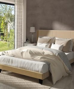 YITAHOME King Size Upholstered Bed Frame with Beige Velvet Headboard