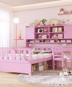 Merax Twin Size Wood Platform Bed Frame with Desk and Bookshelf