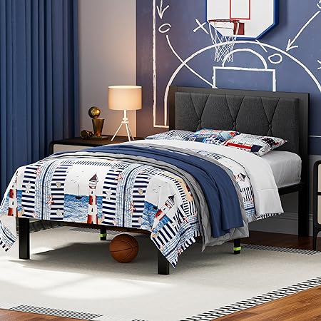 Twin Size Upholstered Bed Frame with Tufted Headboard in Dark Grey 2 Twin Size Upholstered Bed Frame with Tufted Headboard in Dark Grey - Image 2