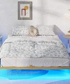 Modern King Size Metal Bed Frame with RGBW LED Light and Steel Support