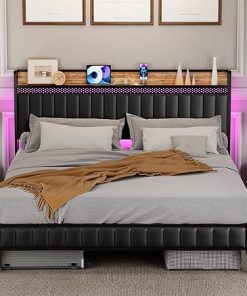 King Bed Frame with Charging Station and Storage Headboard in Black