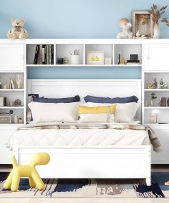Full Bed Frame with 4 Storage Drawers, Wood Platform Bed, White