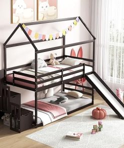 Wood Twin Over Twin Bunk Bed with Slide and Storage Staircase 2
