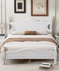 Full Size Wood Platform Bed Frame for Kids White Retro Design