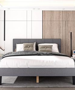 Upholstered Queen Size Bed Frame with Headboard and Wood Slats Grey