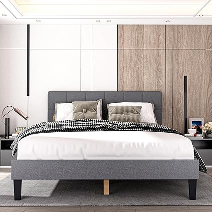Upholstered Queen Size Bed Frame with Headboard and Wood Slats Grey Upholstered Queen Size Bed Frame with Headboard and Wood Slats Grey