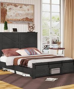Farmhouse Full Size Wood Bed Frame with Sliding Barn Door Storage