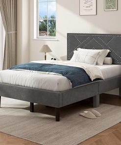 Soges Grey Full Bed Frame with Linen Fabric Headboard Easy Assembly