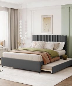 Queen Size Linen Upholstered Bed with Storage Drawers and Trundle