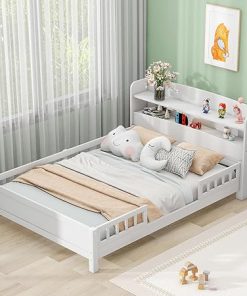 Kids Full Size Bed with Storage Headboard and LED Light for Girls Boys