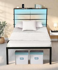 Homy Casa Twin Bed Frame with Headboard LED, USB, Outlets, Storage