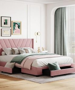 Bellemave Queen Bed Frame with Storage and Headboard in Pink Linen 2