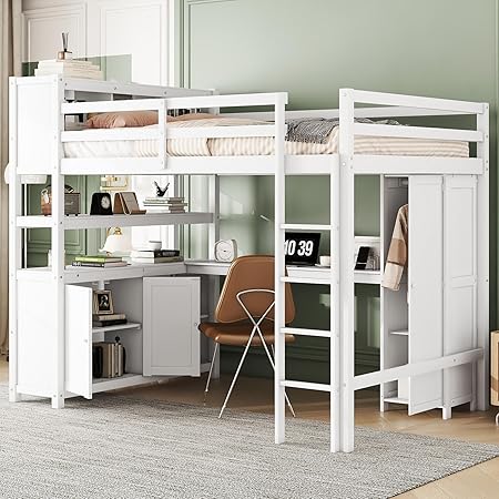 Wood Loft Bed with L Shaped Desk and Storage for Kids and Teens Wood Loft Bed with L Shaped Desk and Storage for Kids and Teens
