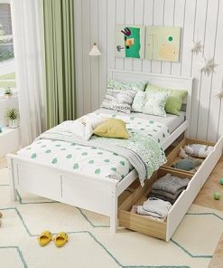 KOMFOTT Twin Size Wood Bed Frame with Storage Drawers and Headboard