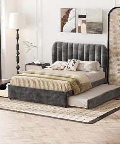DNYN Full Size Upholstered Bed with Trundle and Drawers in Gray