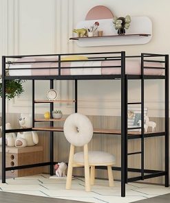 Twin Loft Bed Frame with Desk and Storage for Kids and Teens