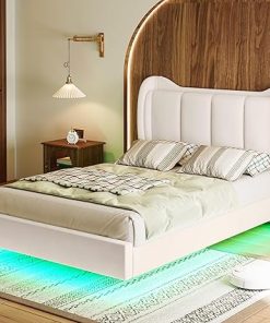 Floating Full Bed Frame with LED Lights and Cat Ears Headboard