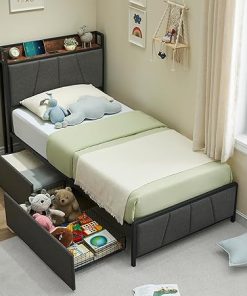 Twin Bed Frame with 2 Storage Drawers and Charging Station, Gray