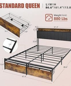 Queen Bed Frame with Headboard and Charging Station in Black Metal 2