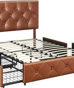 Faux Leather Platform Bed Frame with Tufted Headboard and Drawers