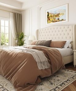 Velvet Full Size Bed Frame with Tall Headboard and Wingback Design