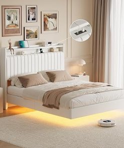 Queen Bed Frame with RGB LED Lights and Charging Station, White