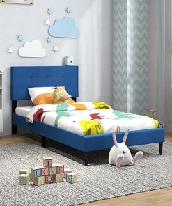 Giantex Twin Bed Frame for Kids Modern Upholstered Navy Blue Design 2