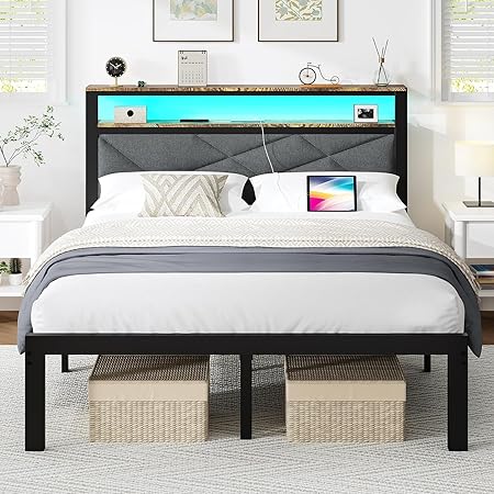 Queen Bed Frame with Charging Station LED Lights Heavy Duty Storage Dark Gray Queen Bed Frame with Charging Station LED Lights Heavy Duty Storage Dark Gray