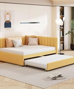 Merax Yellow Linen Full Size Daybed with Trundle, No Box Spring