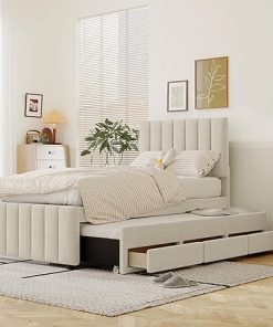 Twin Linen Upholstered Platform Bed with Trundle and Drawers Beige