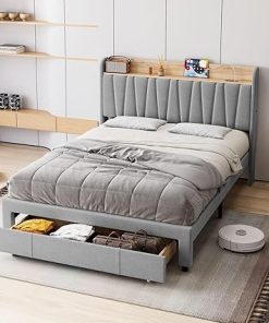 Queen Size Bed Frame with Storage Headboard and Charging Station