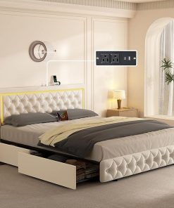 Modern LED Queen Bed Frame with Storage and Adjustable Headboard