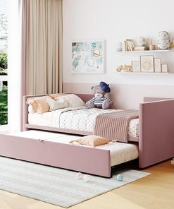 Twin Size Velvet Daybed with Trundle Bed Frame for Kids Room Pink