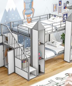 Twin Over Twin Metal Bunk Bed with Stairs and Storage Wardrobe 2