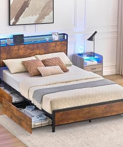 Queen Size Bed Frame with Storage Drawers and LED Headboard Light