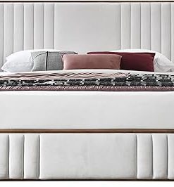 Contemporary Upholstered Bed Frame with Walnut Detail and Support